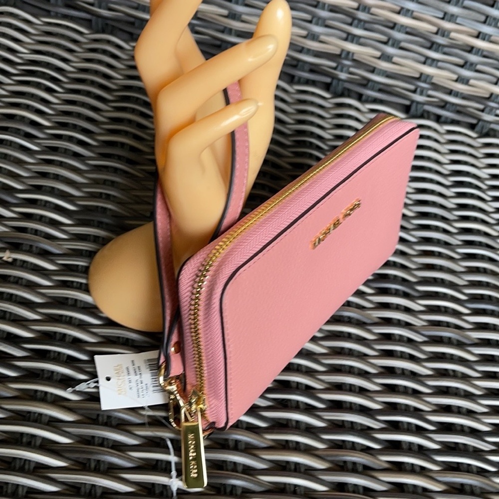 Michael Kors Large Flat MF Phone Case Leather Wallet in Sunset Rose - Picture 14 of 16